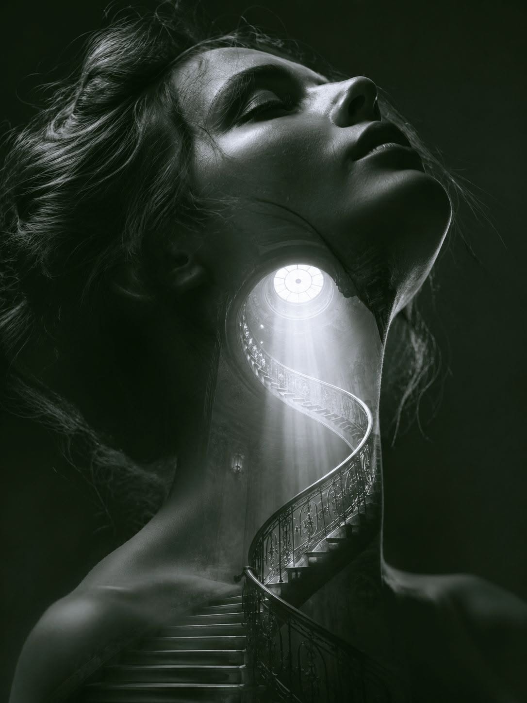 Ultra-realistic fine-art double exposure portrait, monochrome black-and-white ae — Google Gemini AI Prompt