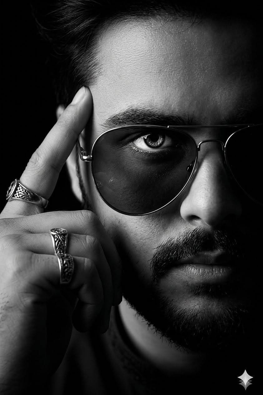 An intense, extreme close-up portrait of a man, captured in a dramatic black and — Google Gemini AI Prompt