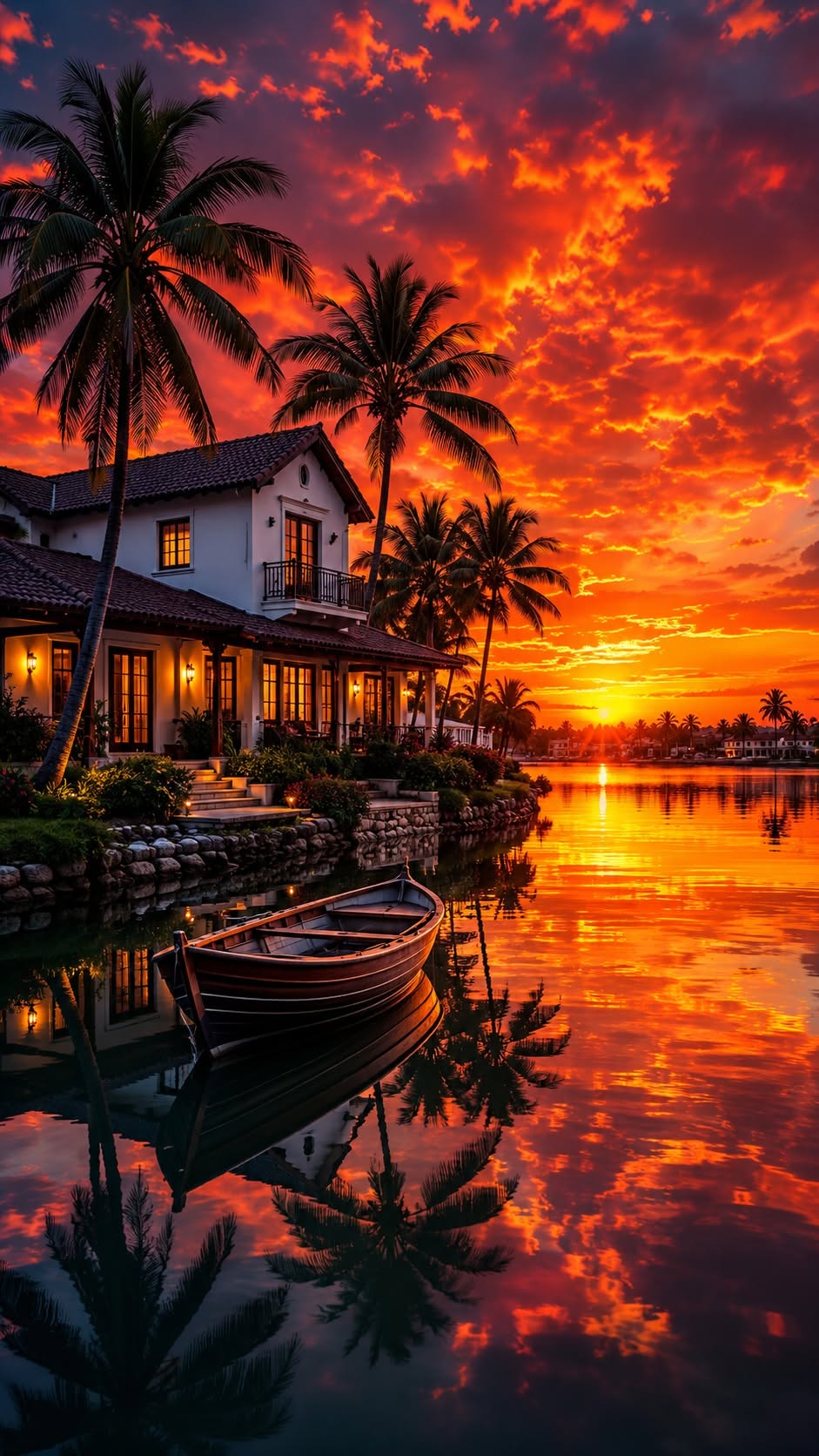 Ultra-realistic cinematic tropical waterfront cottage at sunset, featuring a cha — DALL-E AI Prompt