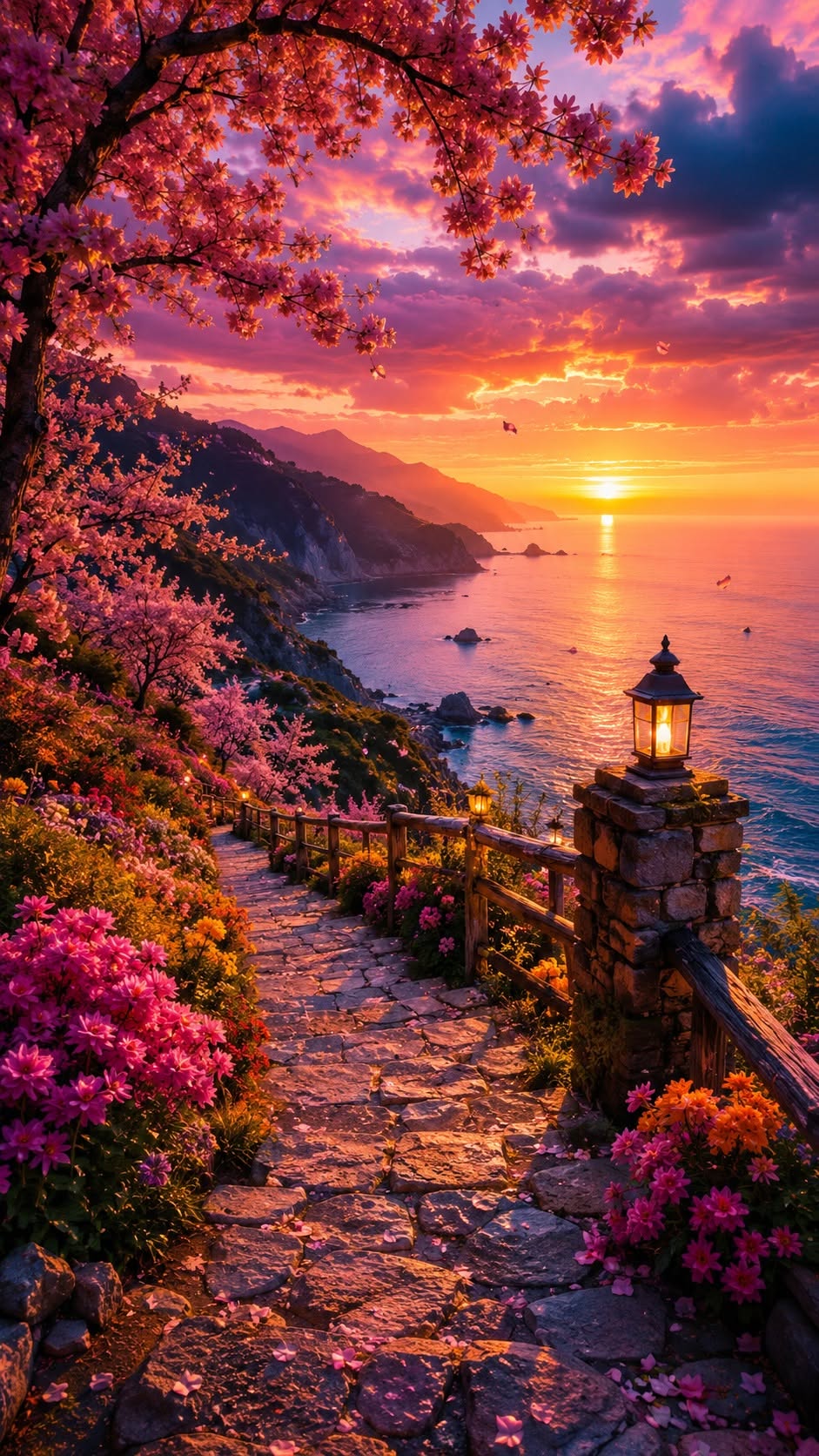 Ultra-realistic dreamlike coastal sunset landscape, featuring a winding stone pa — DALL-E AI Prompt