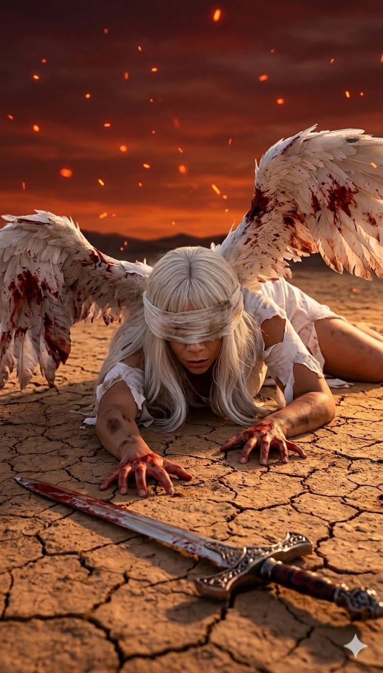 A hyper-realistic, cinematic wide shot of a fallen angel lying on cracked, dry e — Google Gemini AI Prompt