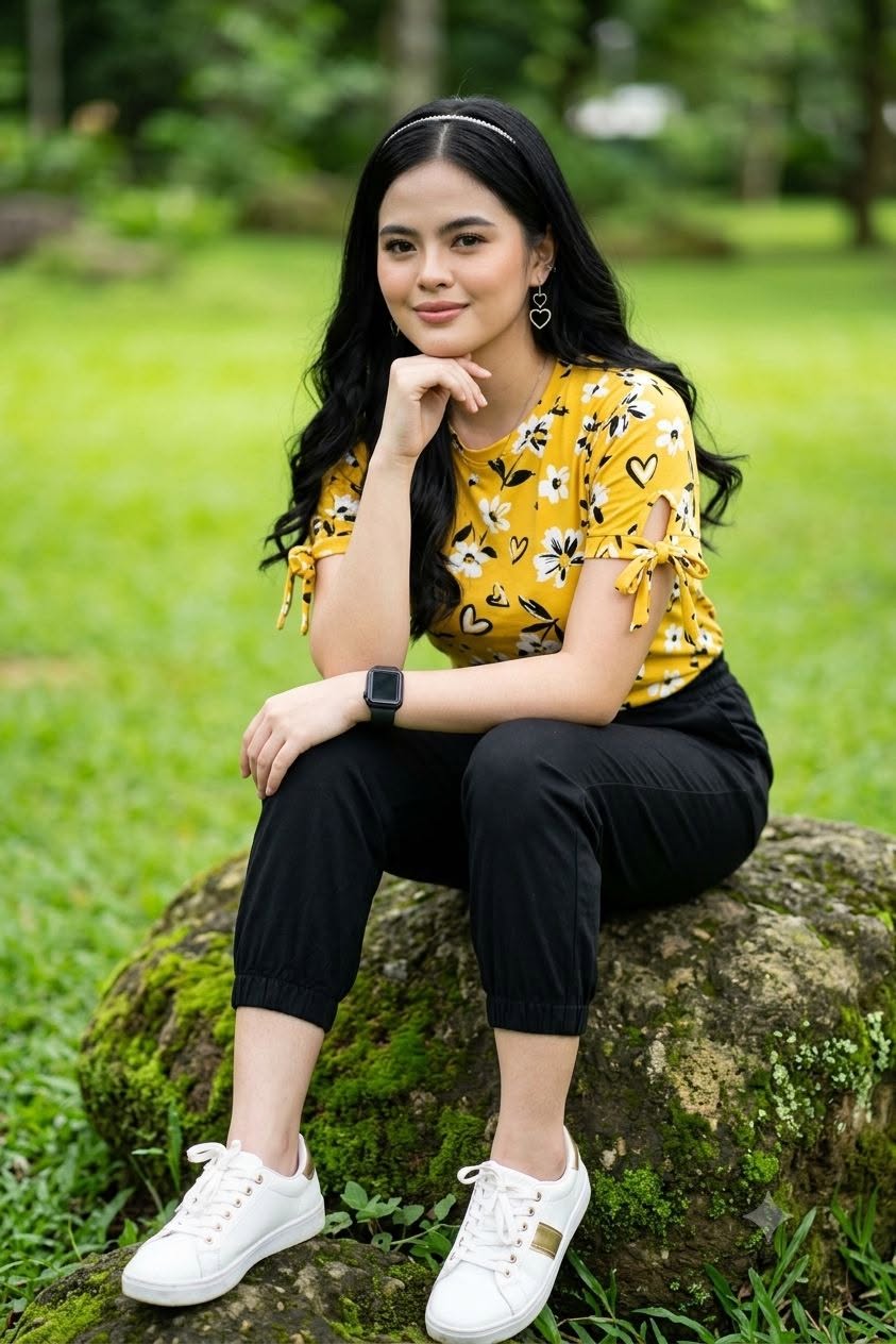 A full-body portrait of a young East Asian woman with long, wavy black hair, smi — Google Gemini AI Image Prompt