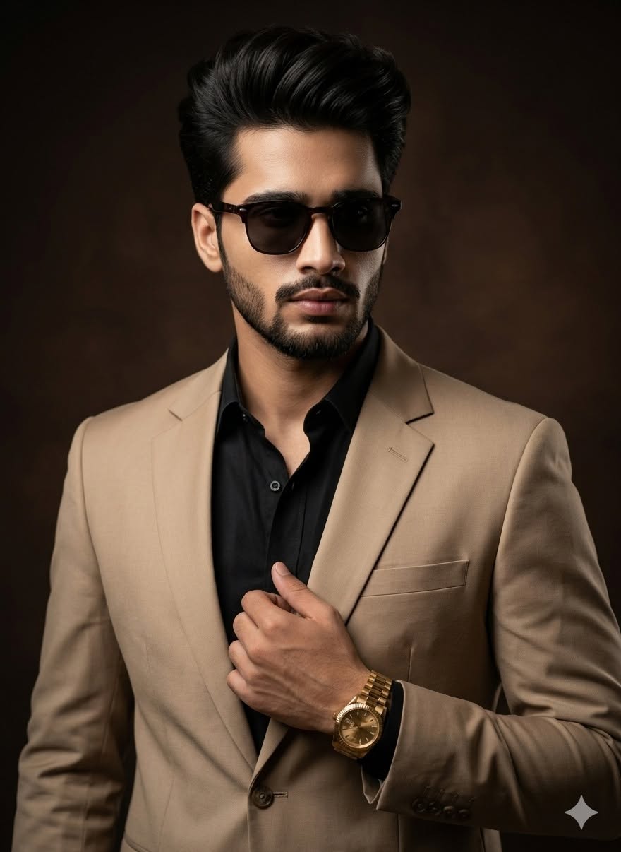 A sophisticated medium shot portrait of a handsome South Asian man with volumino — Google Gemini AI Image Prompt