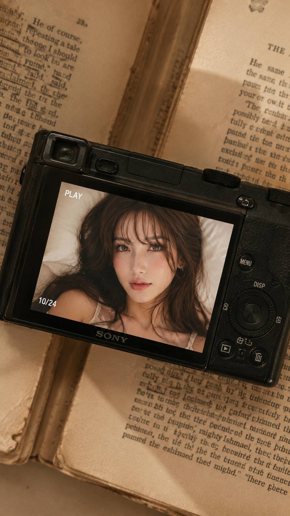 A highly realistic close-up flat lay photograph of a black Sony compact digital  — Google Gemini AI Image Prompt