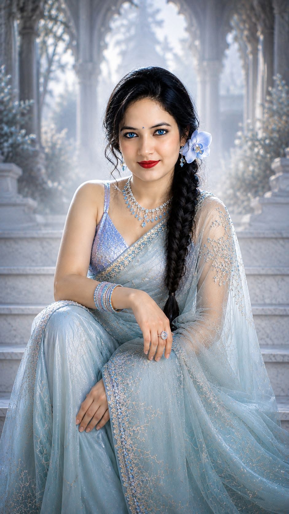 Ultra-realistic 8K UHD DSLR luxury South Indian fantasy editorial portrait, pres — Google Gemini AI Image Prompt