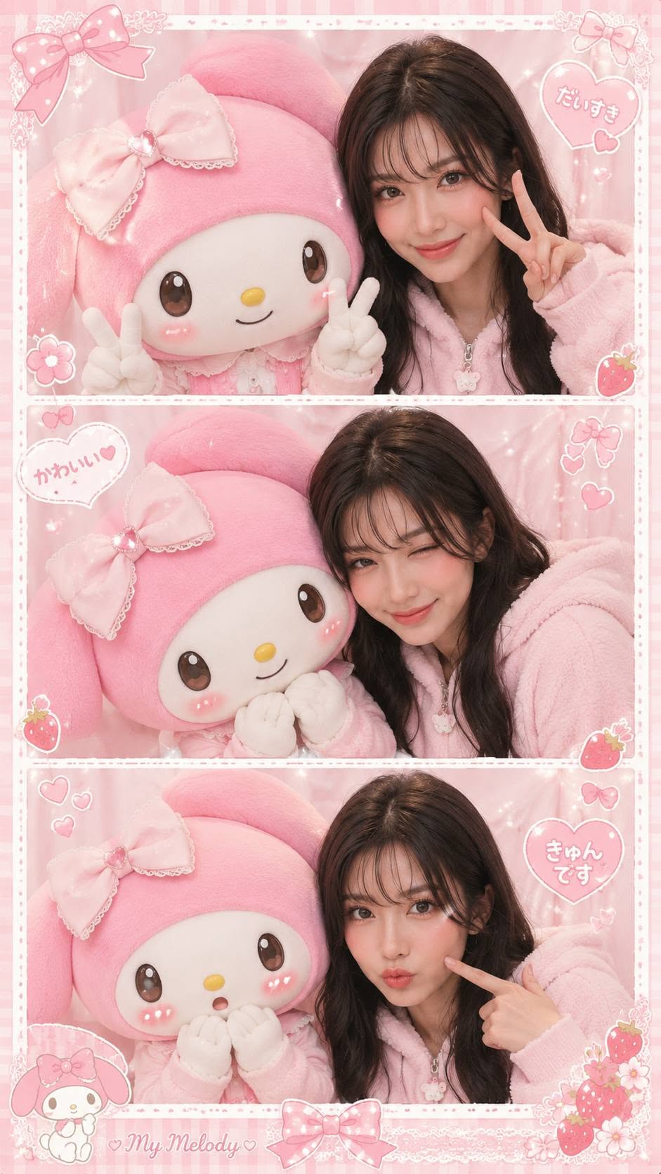 Cute Japanese photobooth strip with 3 vertical frames, dreamy My Melody-inspired — Google Gemini AI Prompt