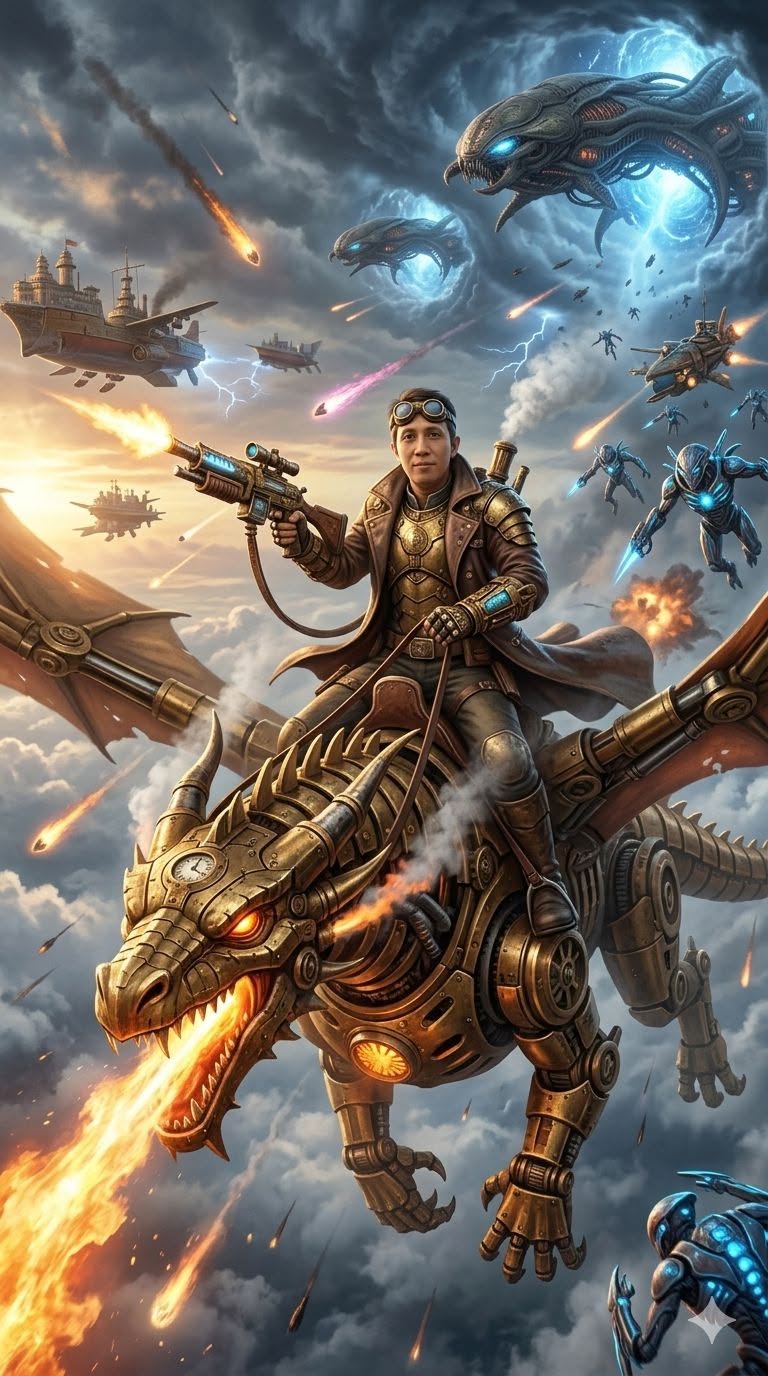Hyper-realistic cinematic steampunk sci-fi battle scene featuring a fearless adv — Google Gemini AI Prompt