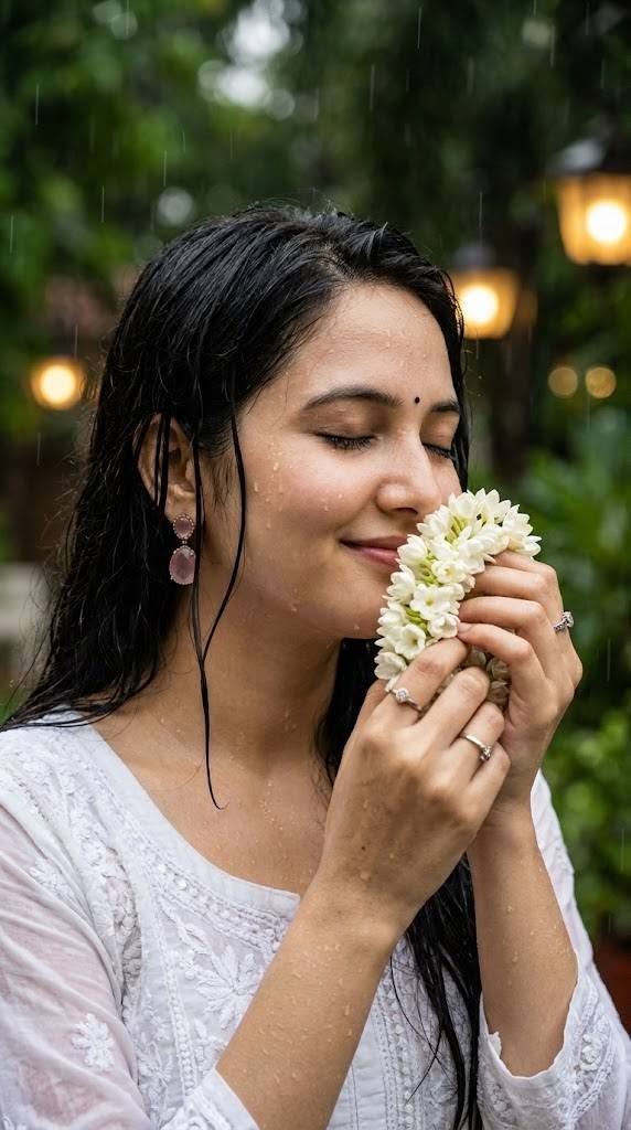 Ultra-realistic 8K UHD DSLR luxury monsoon editorial portrait, preserve the uplo — Google Gemini AI Image Prompt