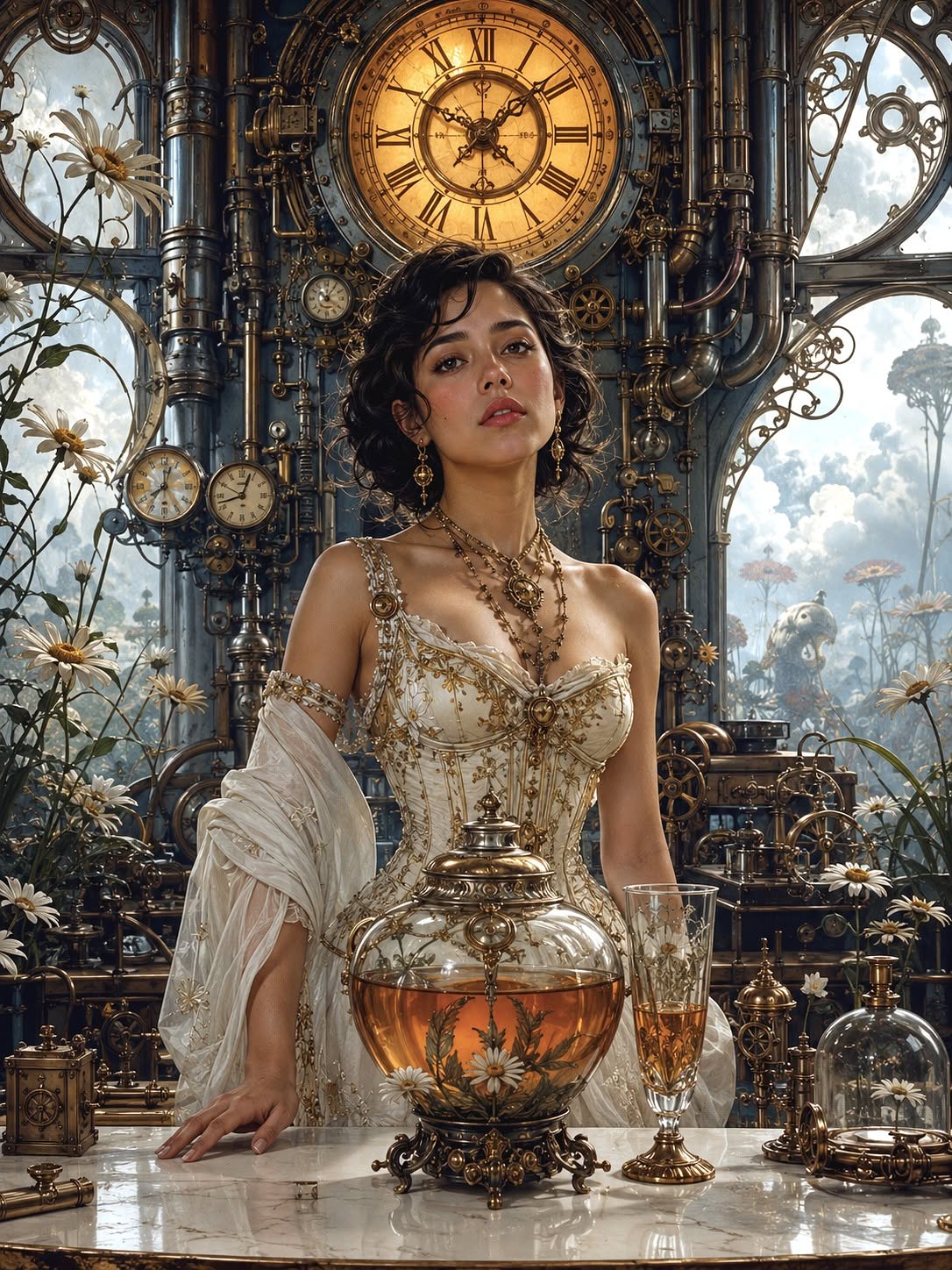 A young woman stands behind a polished white enamel table inside an ornate mecha — DALL-E AI Image Prompt