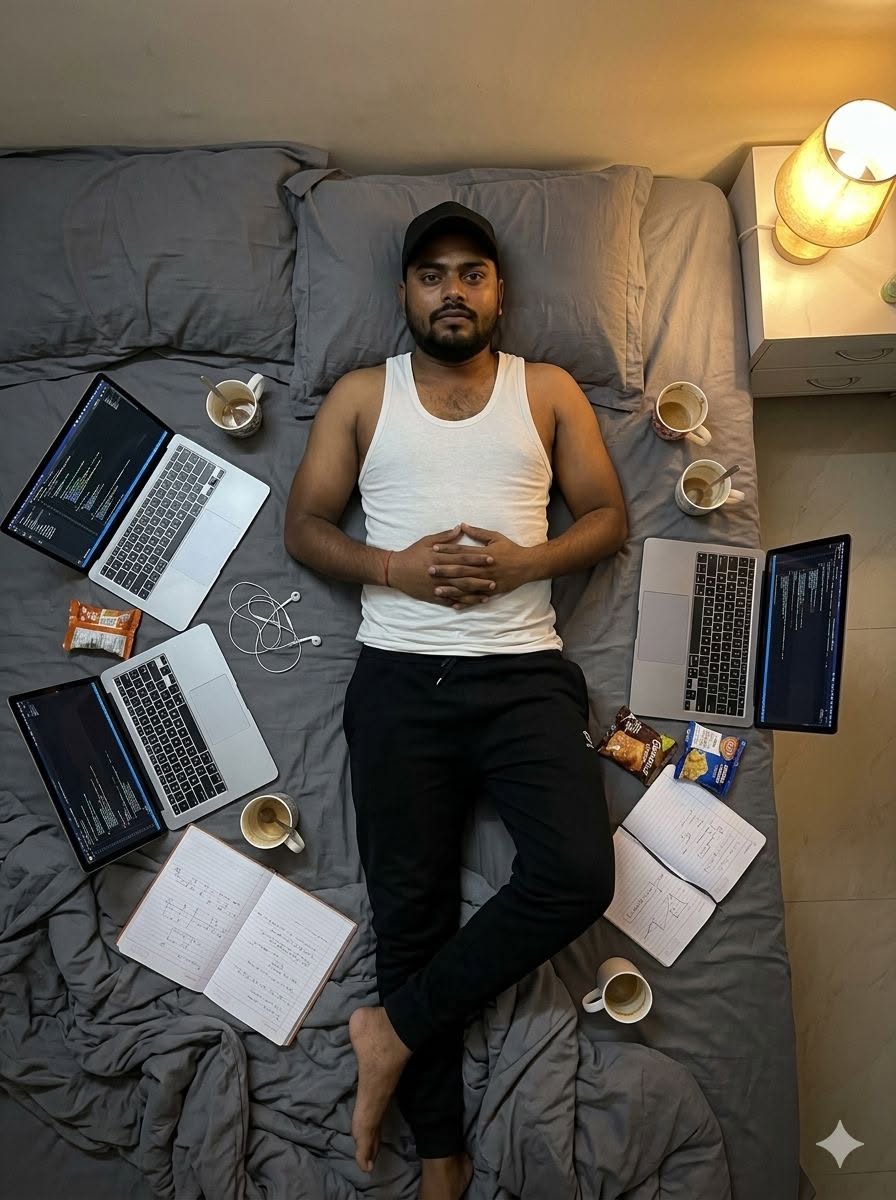 Overhead top-down photo of a young man lying on his back in the middle of a mess — Google Gemini AI Image Prompt
