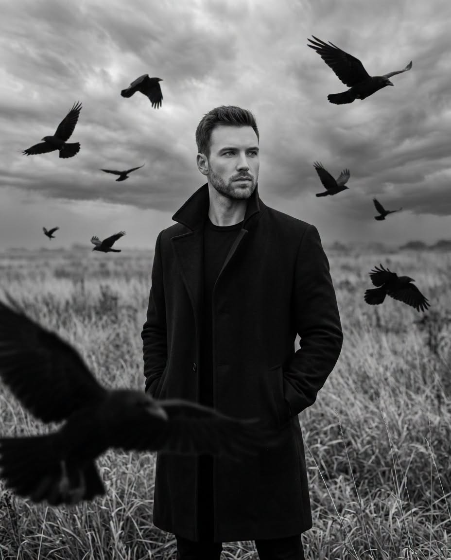 A striking black and white, dramatic fine-art portrait capturing a young man sta — Google Gemini AI Image Prompt