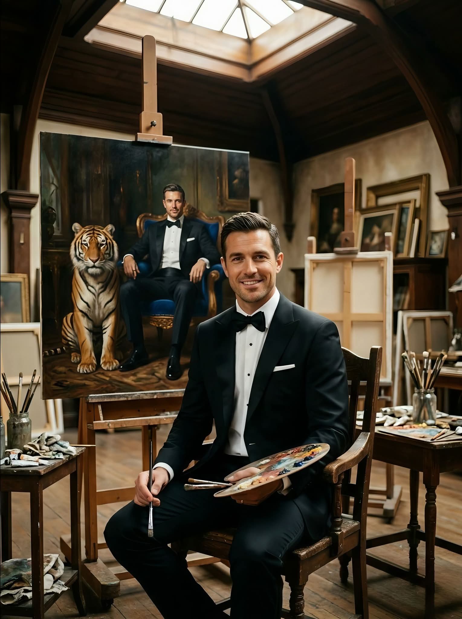 Ultra-realistic cinematic portrait, handsome man in a black luxury tuxedo with b — Google Gemini AI Prompt