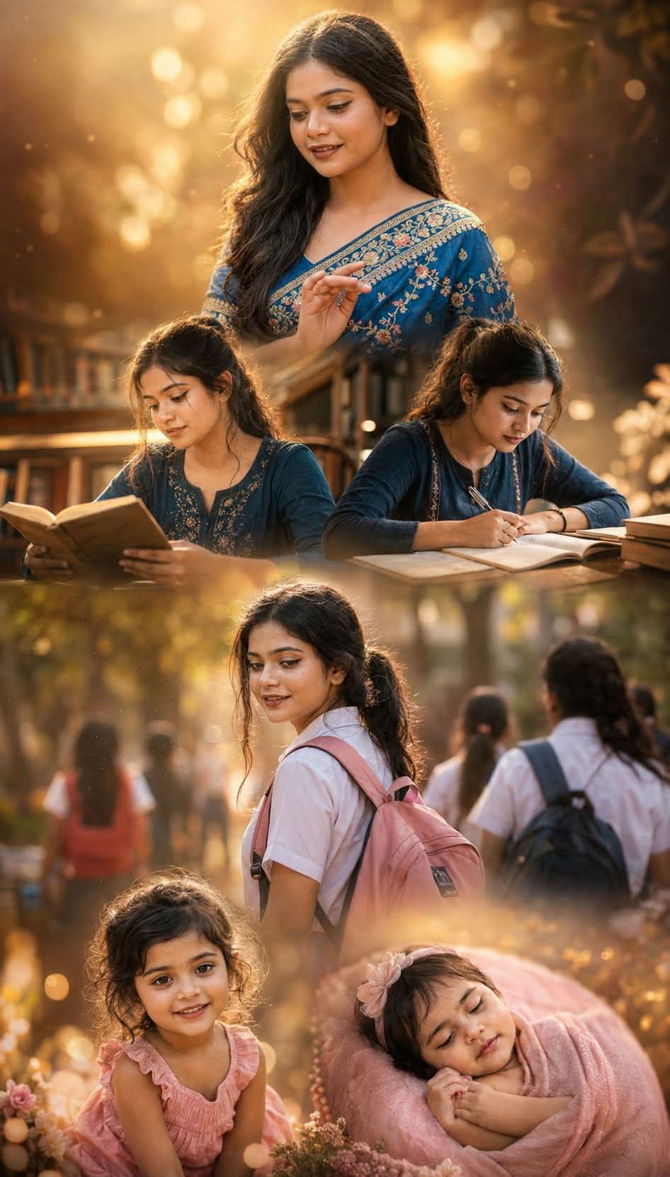 Ultra-realistic cinematic life journey collage of the same Bengali girl through  — Google Gemini AI Prompt