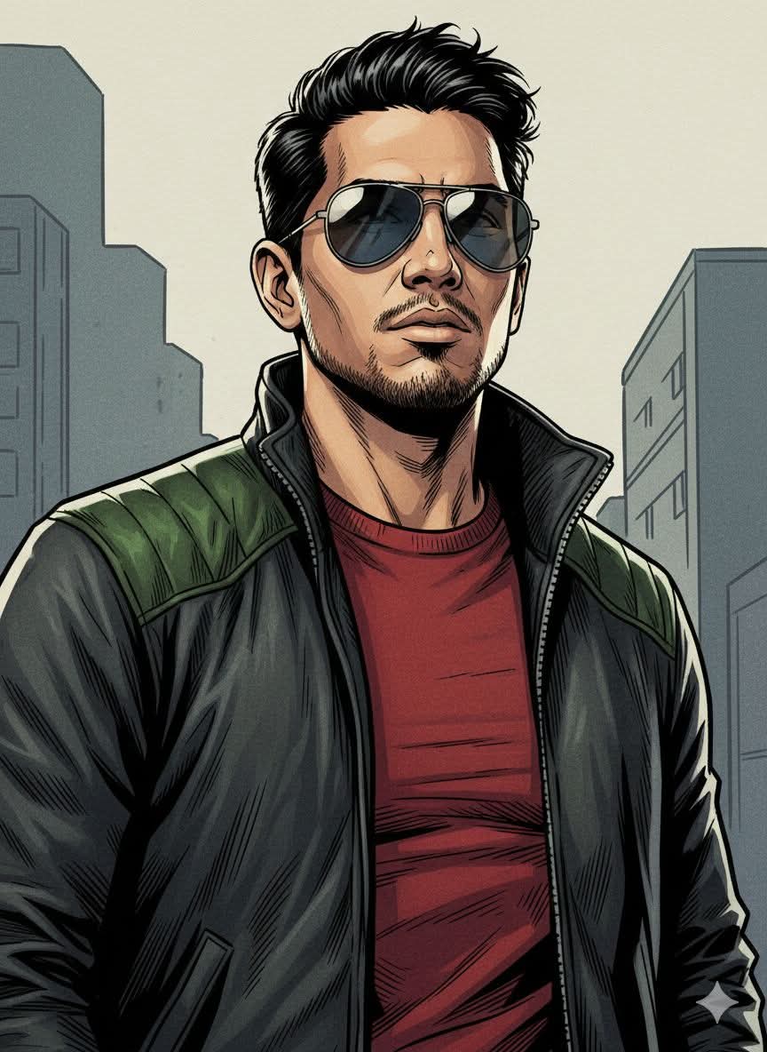 Ultra-detailed digital illustration of a confident man wearing reflective aviato — Google Gemini AI Prompt