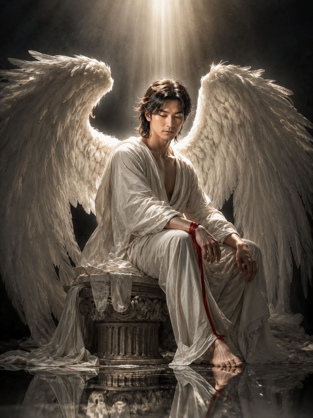 A cinematic fantasy portrait of a melancholic angel seated on a classical marble — AI Image Prompt