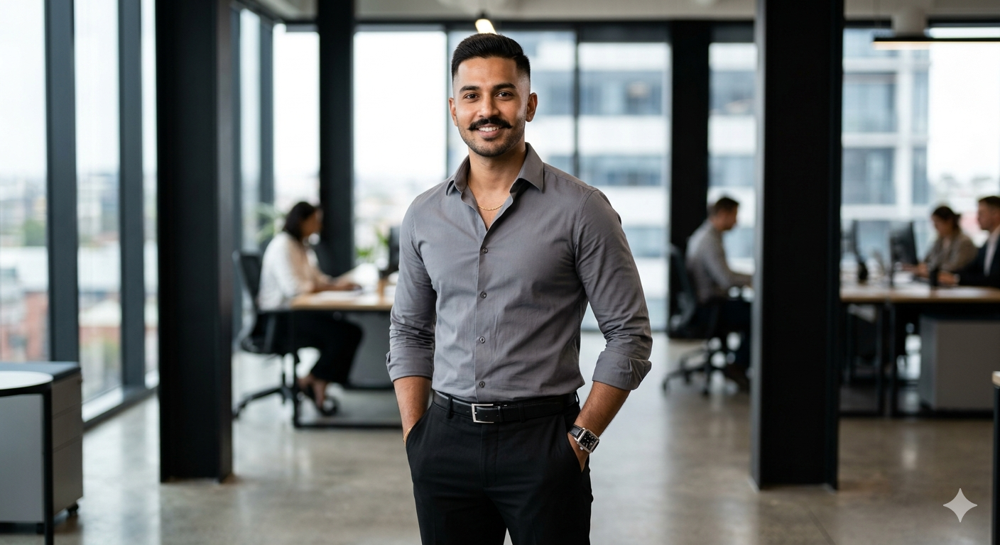 A high-quality fashion portrait of a stylish young Indian man in his late 20s. H — Google Gemini AI Image Prompt