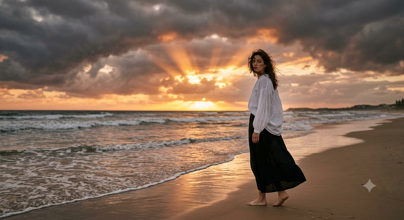 Create A cinematic portrait of a woman standing alone on a quiet beach at sunset — Google Gemini AI Image Prompt