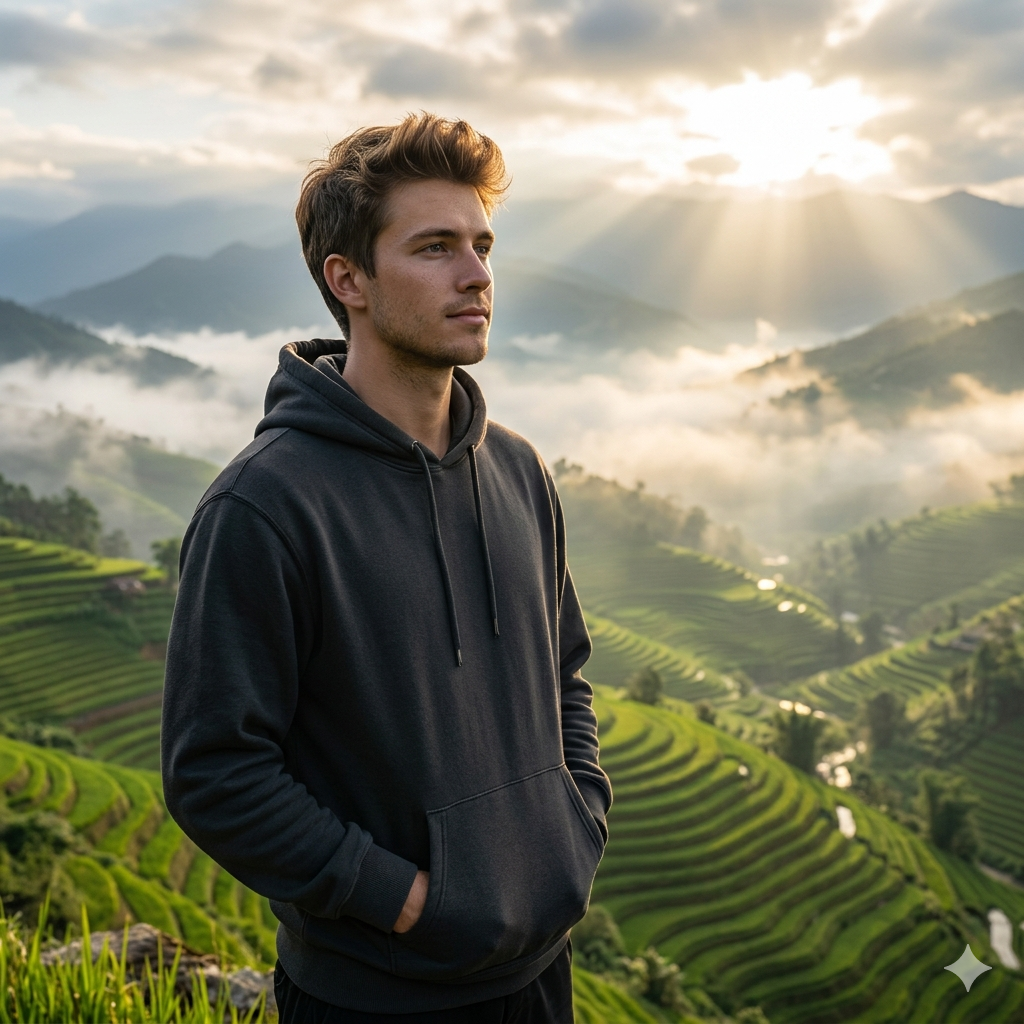 Ultra-realistic cinematic travel portrait of a young man (use uploaded photo, do — Google Gemini AI Image Prompt
