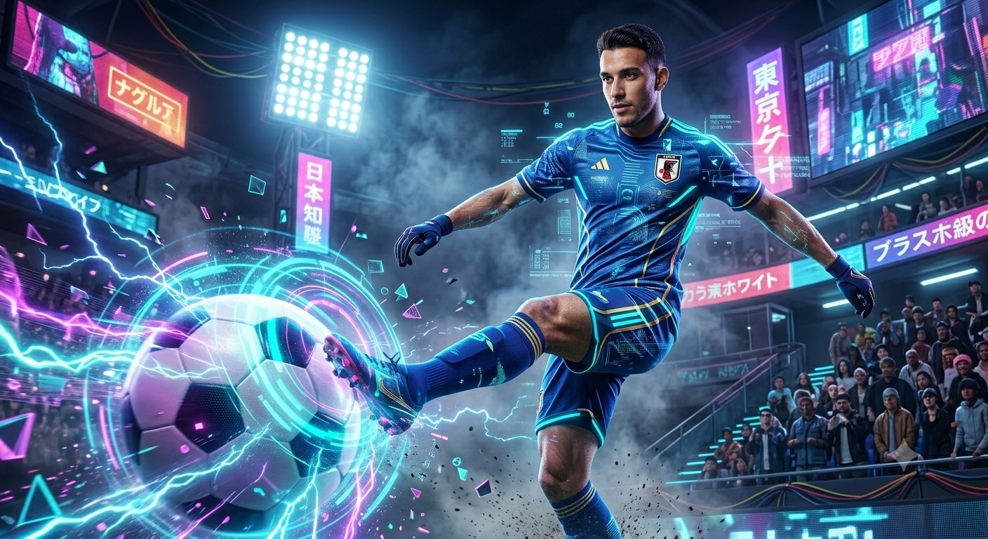 Ultra-realistic cinematic cyber-sports portrait of a male soccer player (use upl — Google Gemini AI Image Prompt