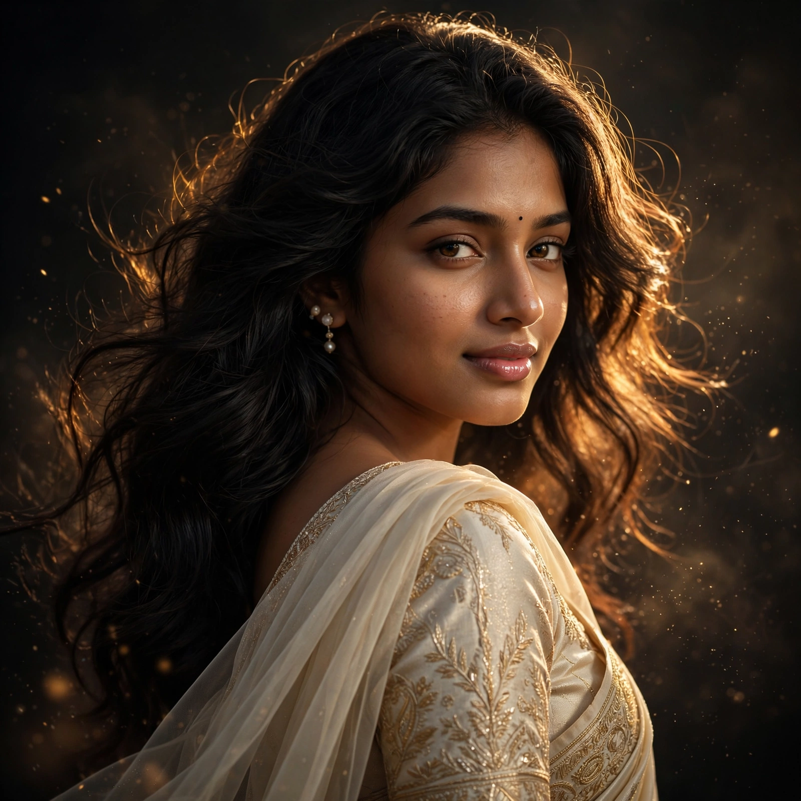 Ultra-realistic cinematic portrait of a beautiful young Indian woman wearing an  — Google Gemini AI Image Prompt