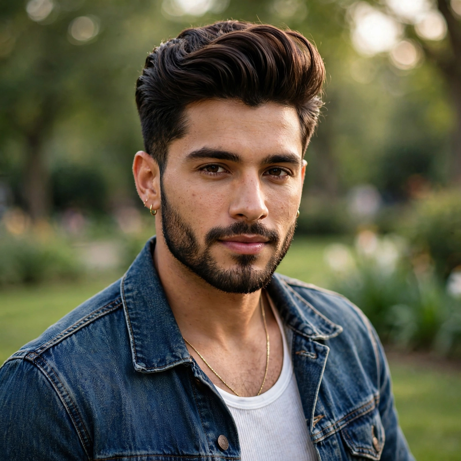 A realistic outdoor portrait of a handsome young man with a well-groomed beard a — Google Gemini AI Image Prompt