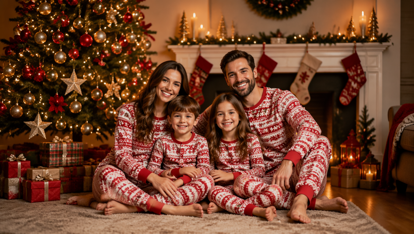 Create a premium Christmas family portrait using [UPLOAD FAMILY PHOTO(S)]. Place — Ideogram AI Prompt
