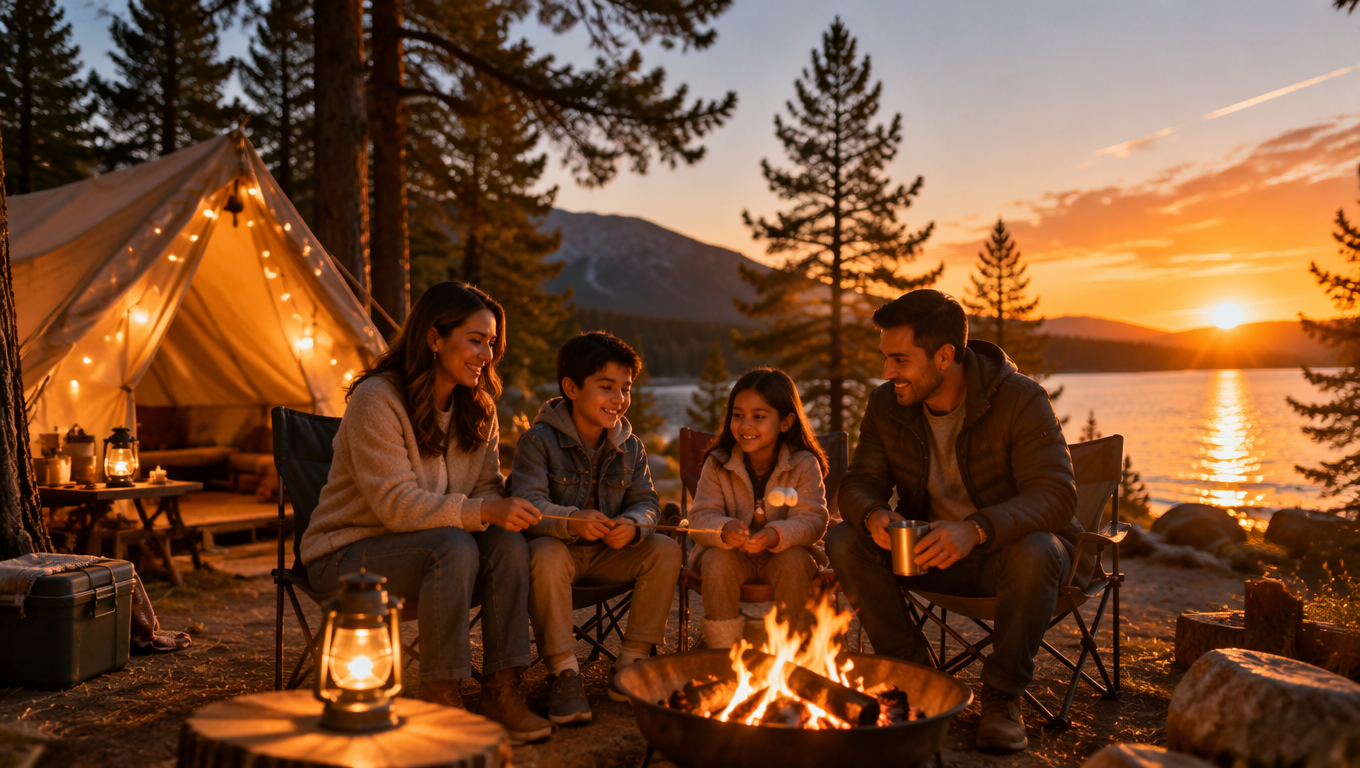 Generate a cinematic outdoor family camping portrait using [UPLOAD FAMILY PHOTO( — DALL-E AI Prompt