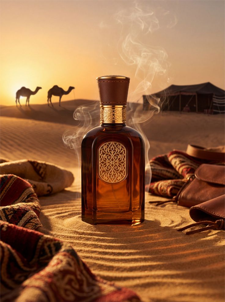 Create an ultra-premium Middle Eastern luxury perfume advertisement set in an au — DALL-E AI Image Prompt