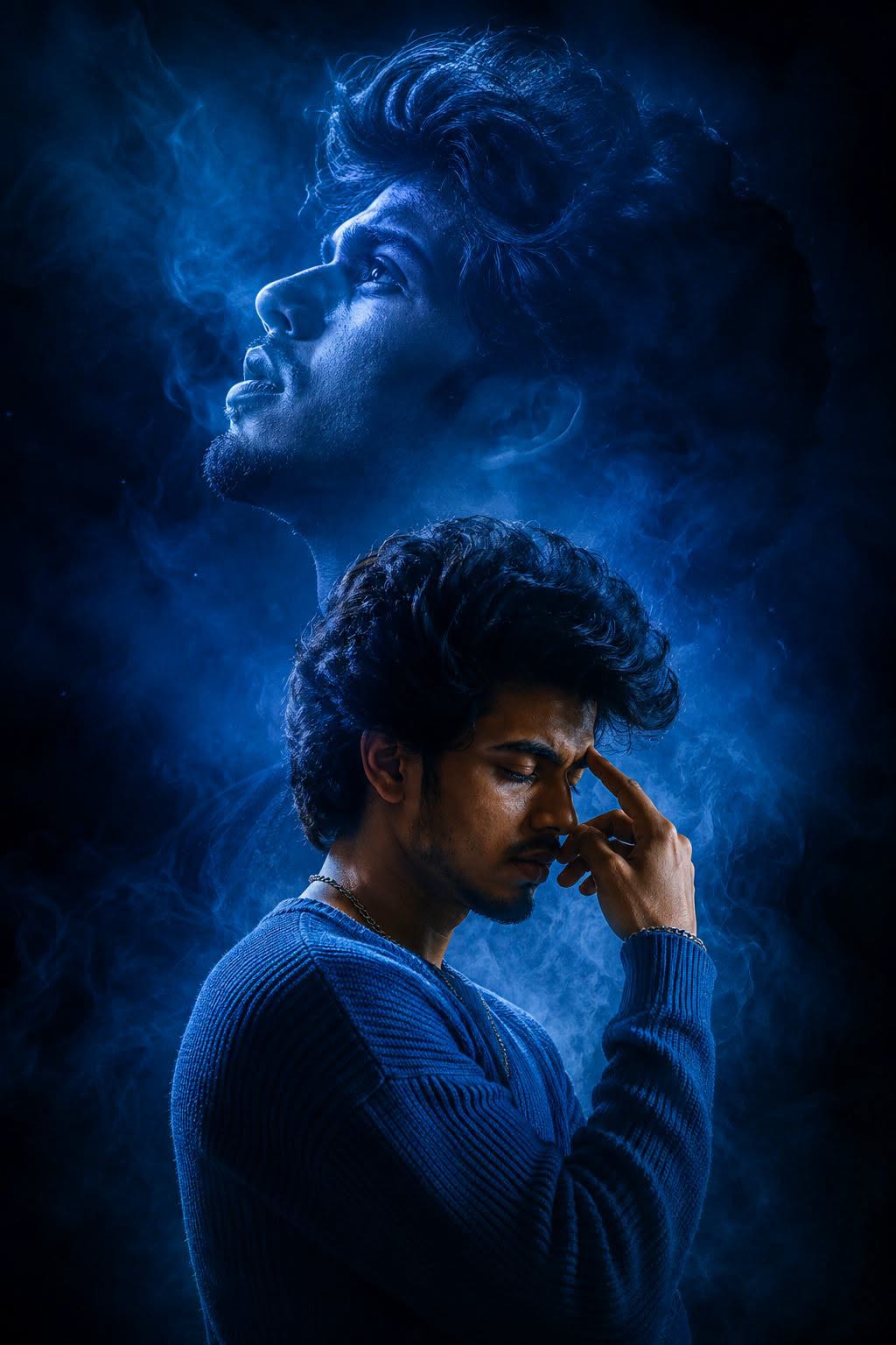 Ultra-realistic cinematic portrait of a young man in a blue knit Sweatshirt, sid — Google Gemini AI Image Prompt
