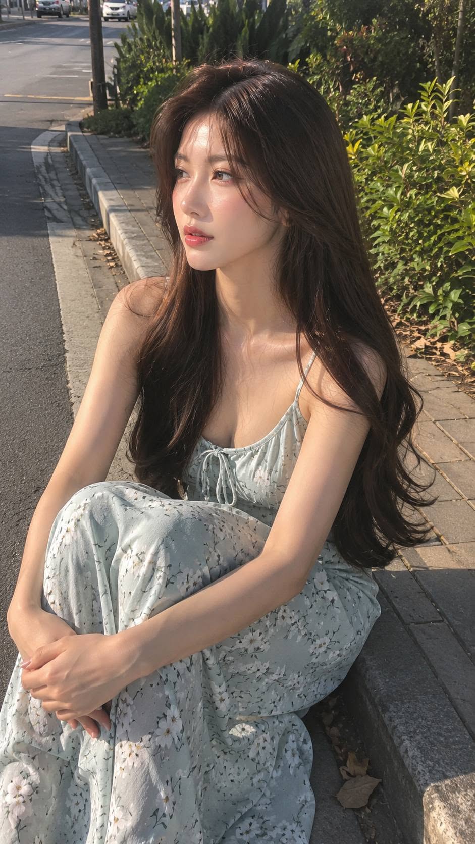 A realistic vertical iPhone-style outdoor snapshot of a young adult woman sittin — DALL-E AI Image Prompt
