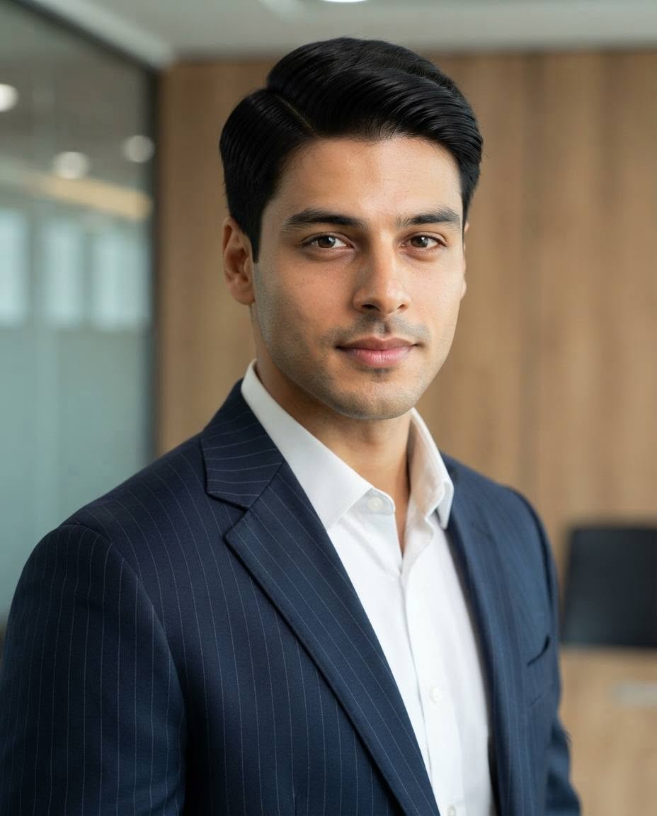 Polished business-editorial portrait of a male, short black hair neatly styled w — Google Gemini AI Image Prompt