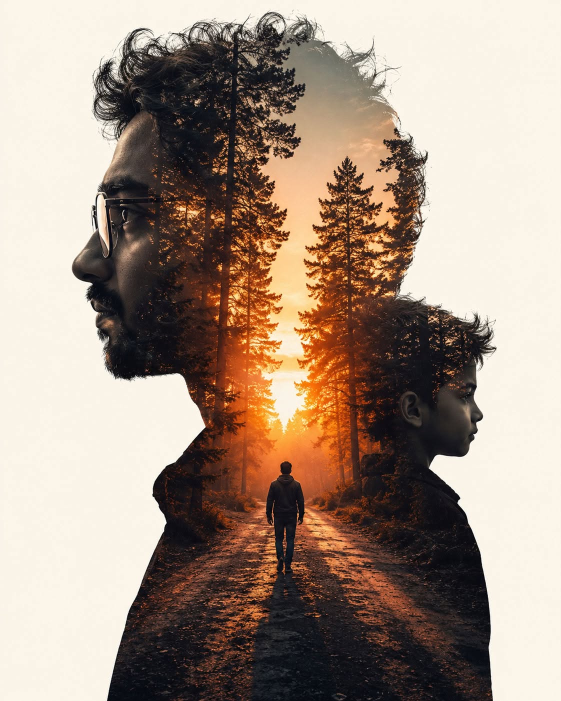 A minimalist double exposure artwork. The silhouette of a bearded man in profile — Google Gemini AI Image Prompt