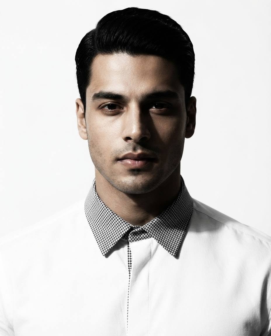 High contrast fine art portrait of a male, short black hair combed back with sha — DALL-E AI Image Prompt