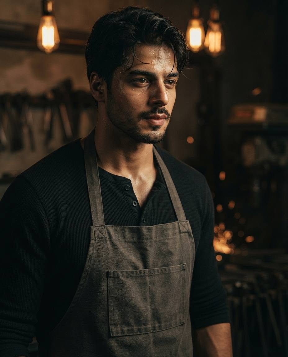 Rugged industrial-style portrait of a male, short black hair damp with light swe — Google Gemini AI Image Prompt