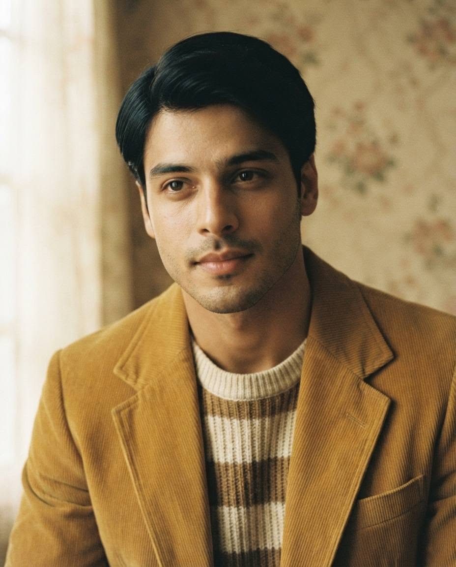 Vintage-inspired portrait of a male, short black hair with a classic side part,  — DALL-E AI Image Prompt