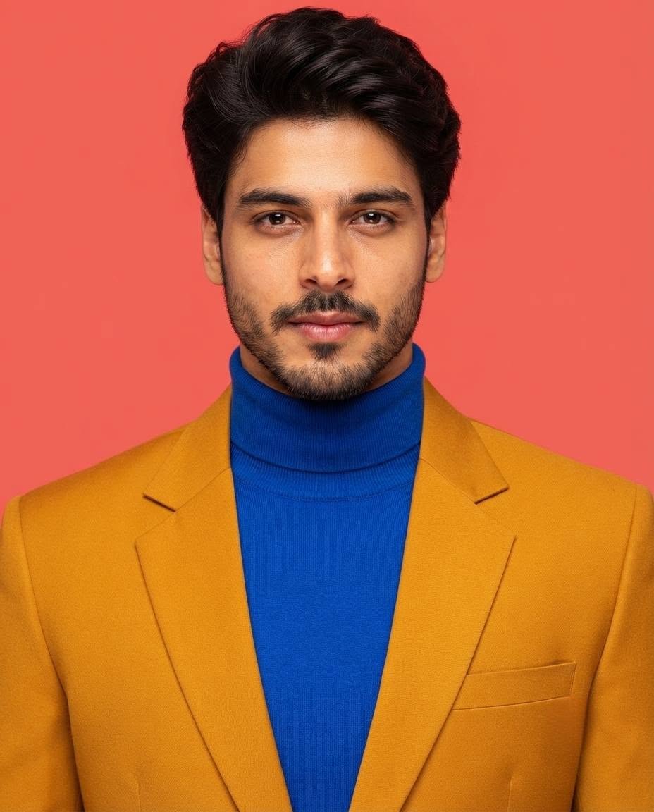 Bold editorial portrait of a male, short black hair sharply textured on top, sha — Google Gemini AI Image Prompt