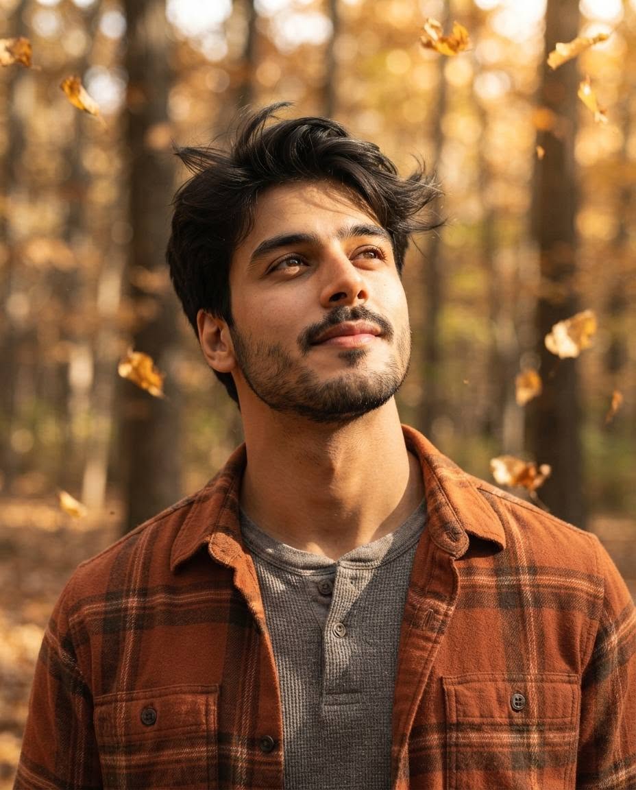 Warm autumn-toned portrait of a male, short black hair softly tousled by breeze, — Google Gemini AI Image Prompt