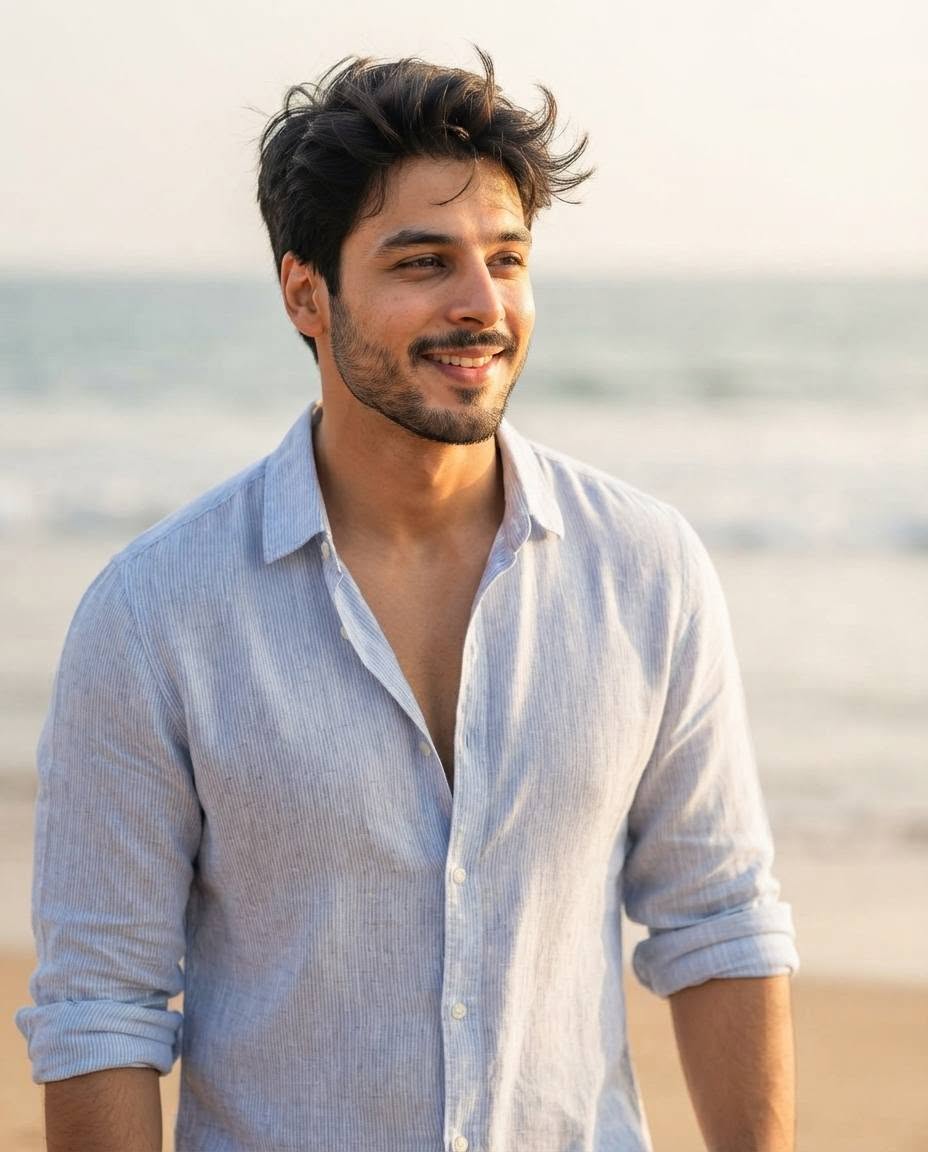Relaxed coastal portrait of a male, short black hair windswept and slightly salt — Google Gemini AI Image Prompt