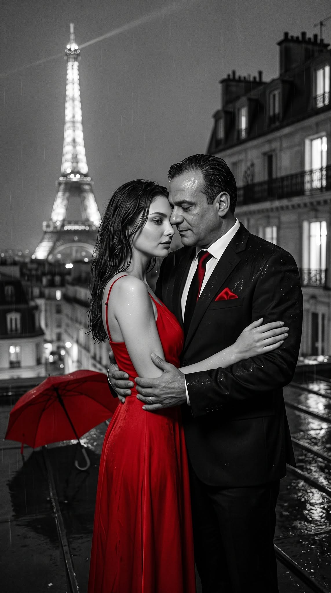 g the illuminated Eiffel Tower and a classic French building in the background.  — DALL-E AI Image Prompt
