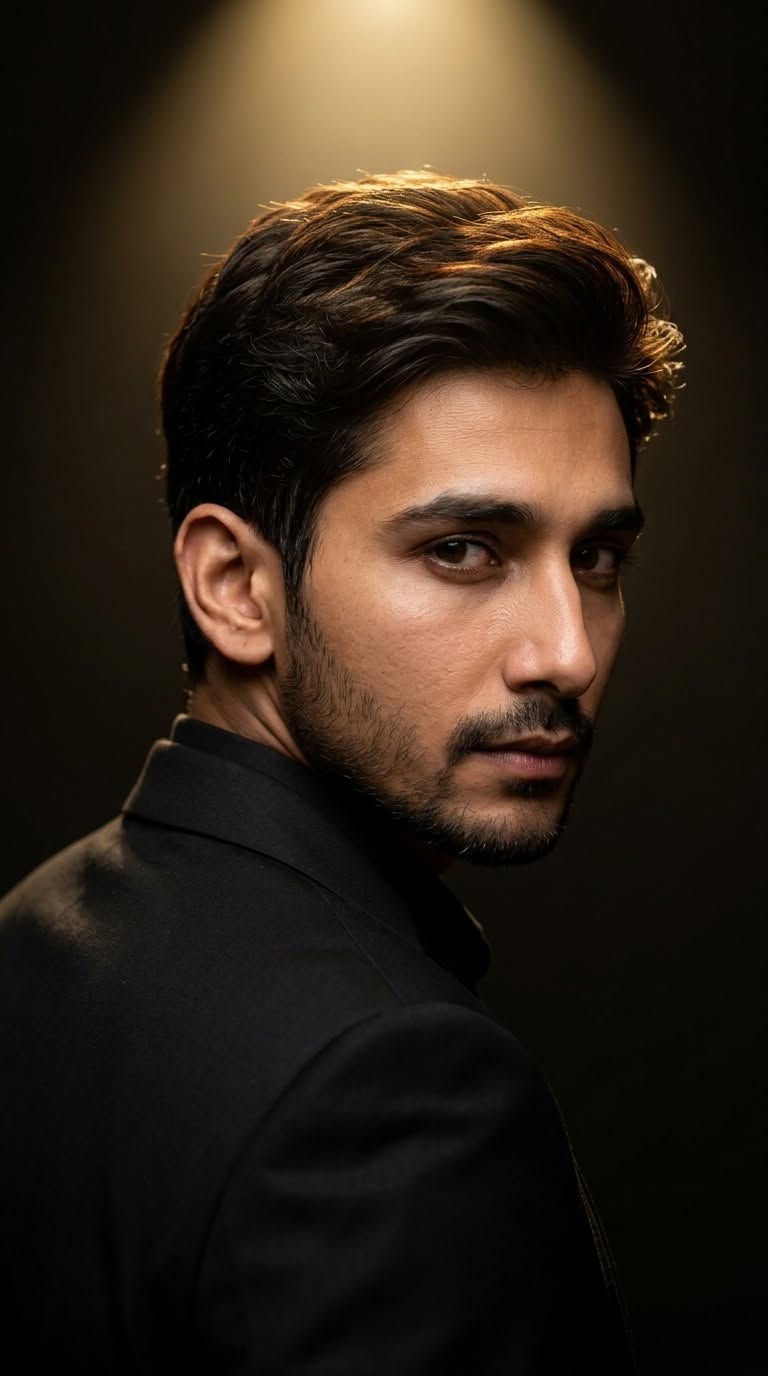 Ultra-realistic cinematic portrait of a stylish man in a black suit, captured fr — DALL-E AI Image Prompt