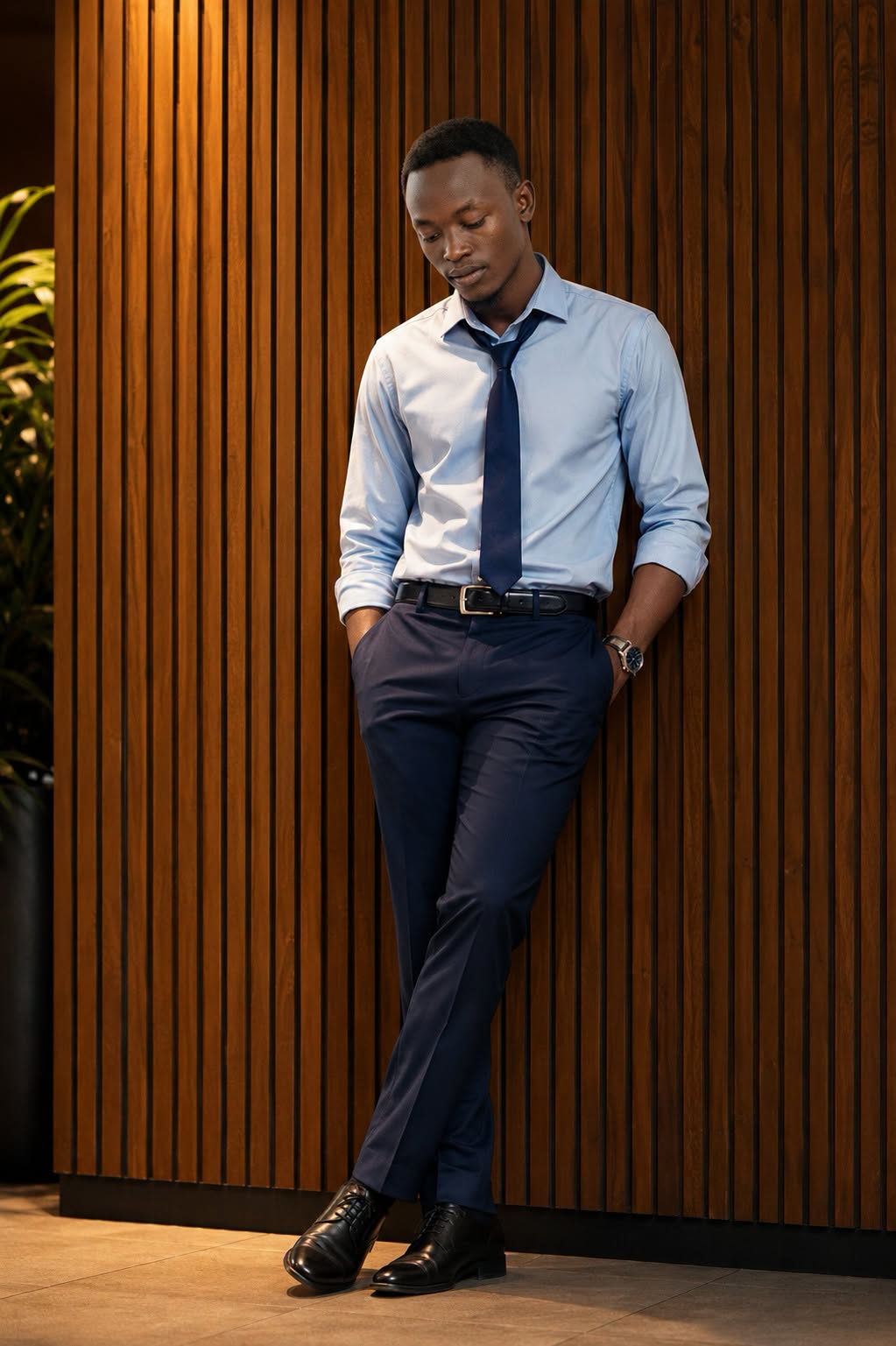 Create a stylish cinematic portrait of a young man standing against a vertical w — DALL-E AI Image Prompt