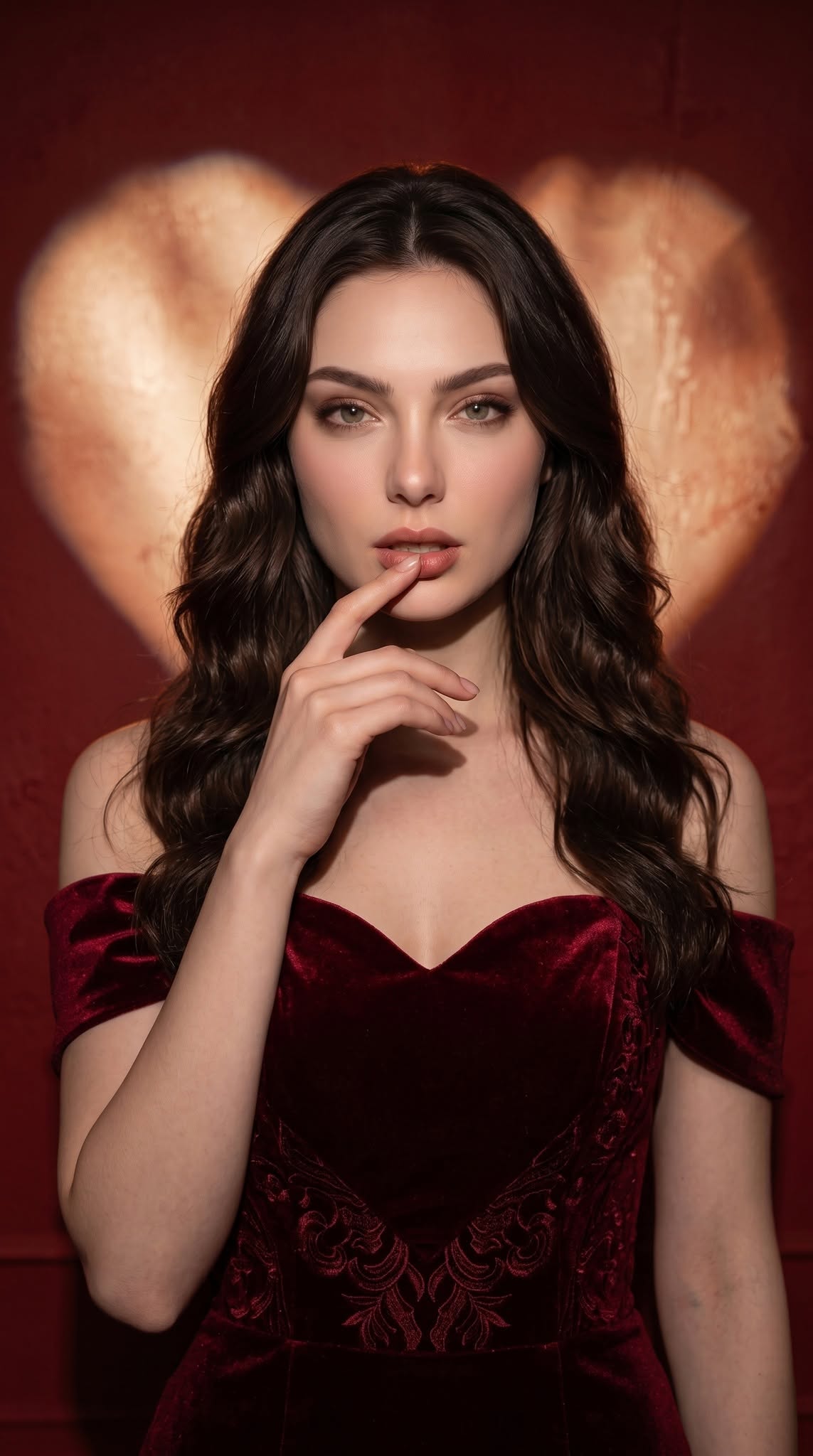 A stunning young woman stands before a simple red wall, wearing an elegant dark  — DALL-E AI Image Prompt
