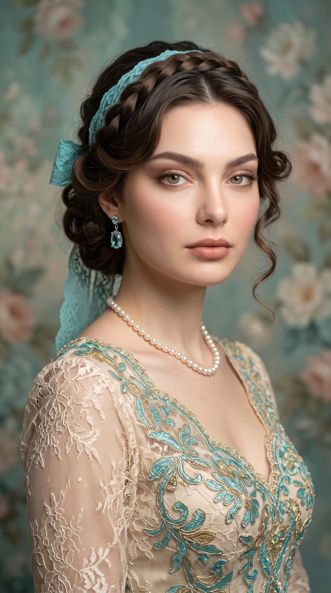 Elegant fine-art portrait of a graceful woman with glossy brunette hair arranged — DALL-E AI Image Prompt