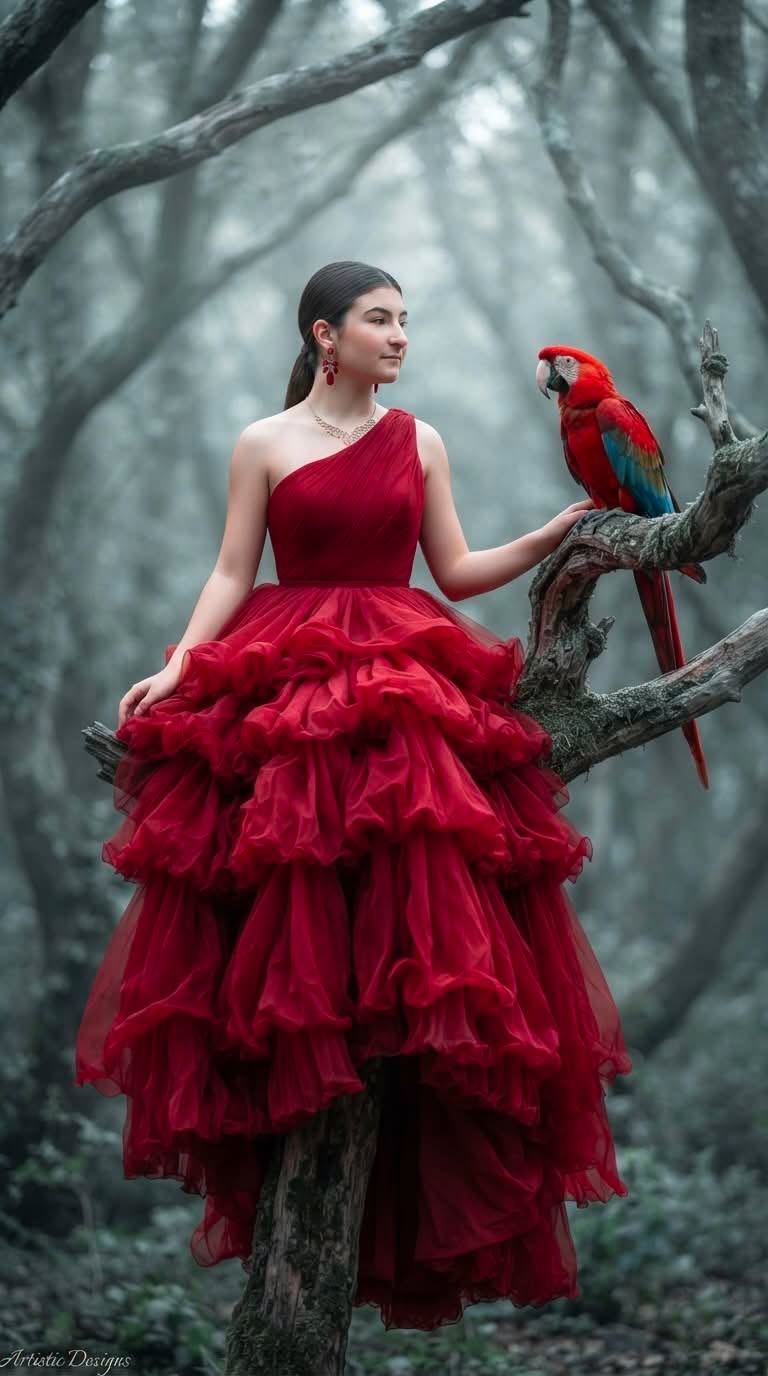 An elegant young woman sits gracefully on a swayed, surreal tree post in a mysti — Leonardo AI AI Prompt