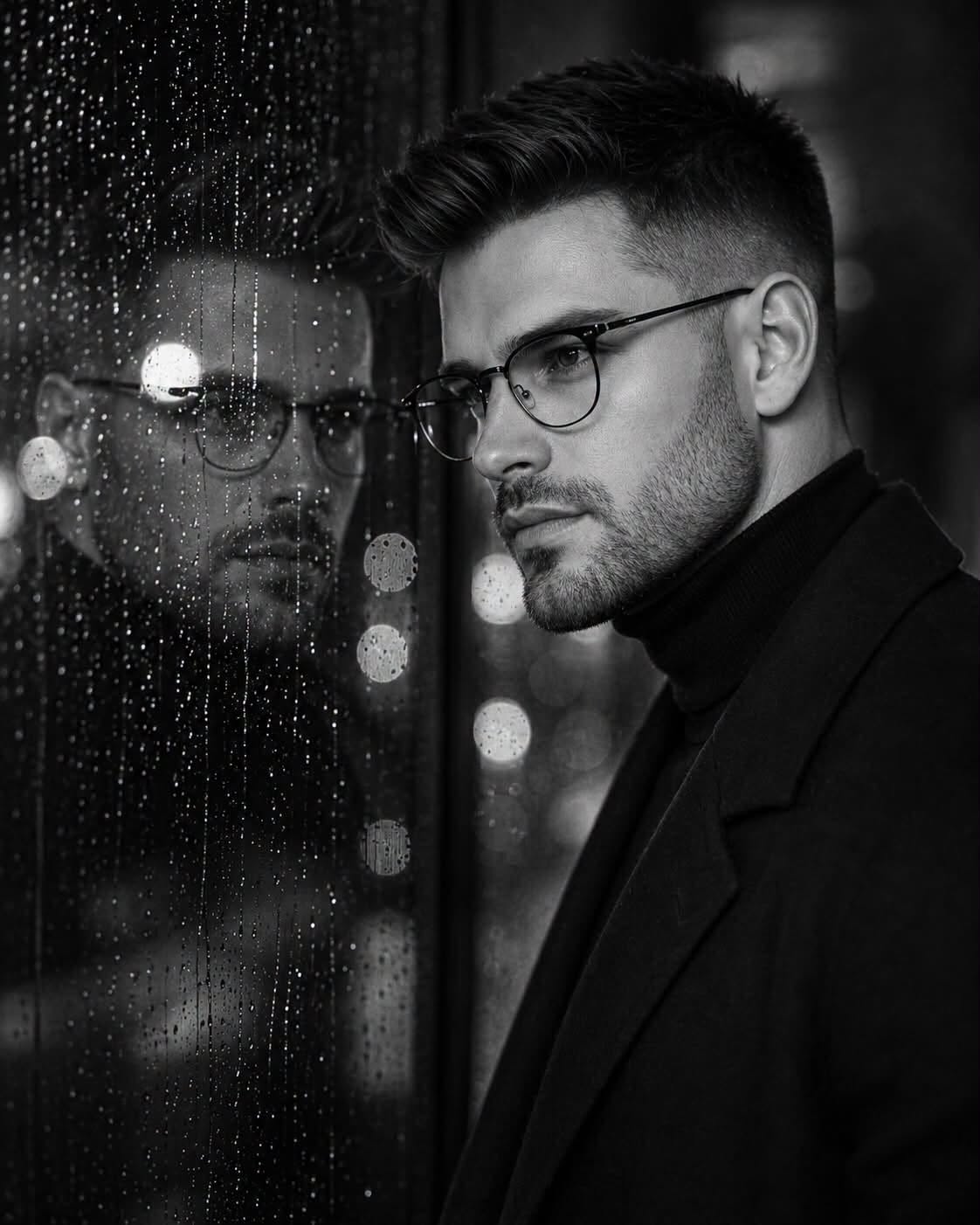 An ultra-realistic cinematic black-and-white portrait of a stylish young man sta — DALL-E AI Image Prompt