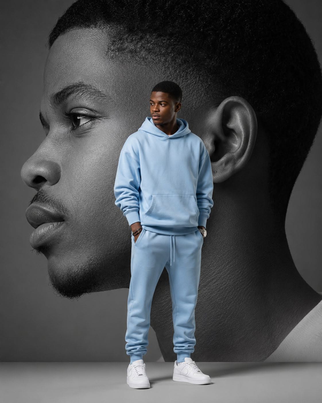 Create a premium minimalist fashion editorial portrait of a young Black African  — Llama AI Prompt