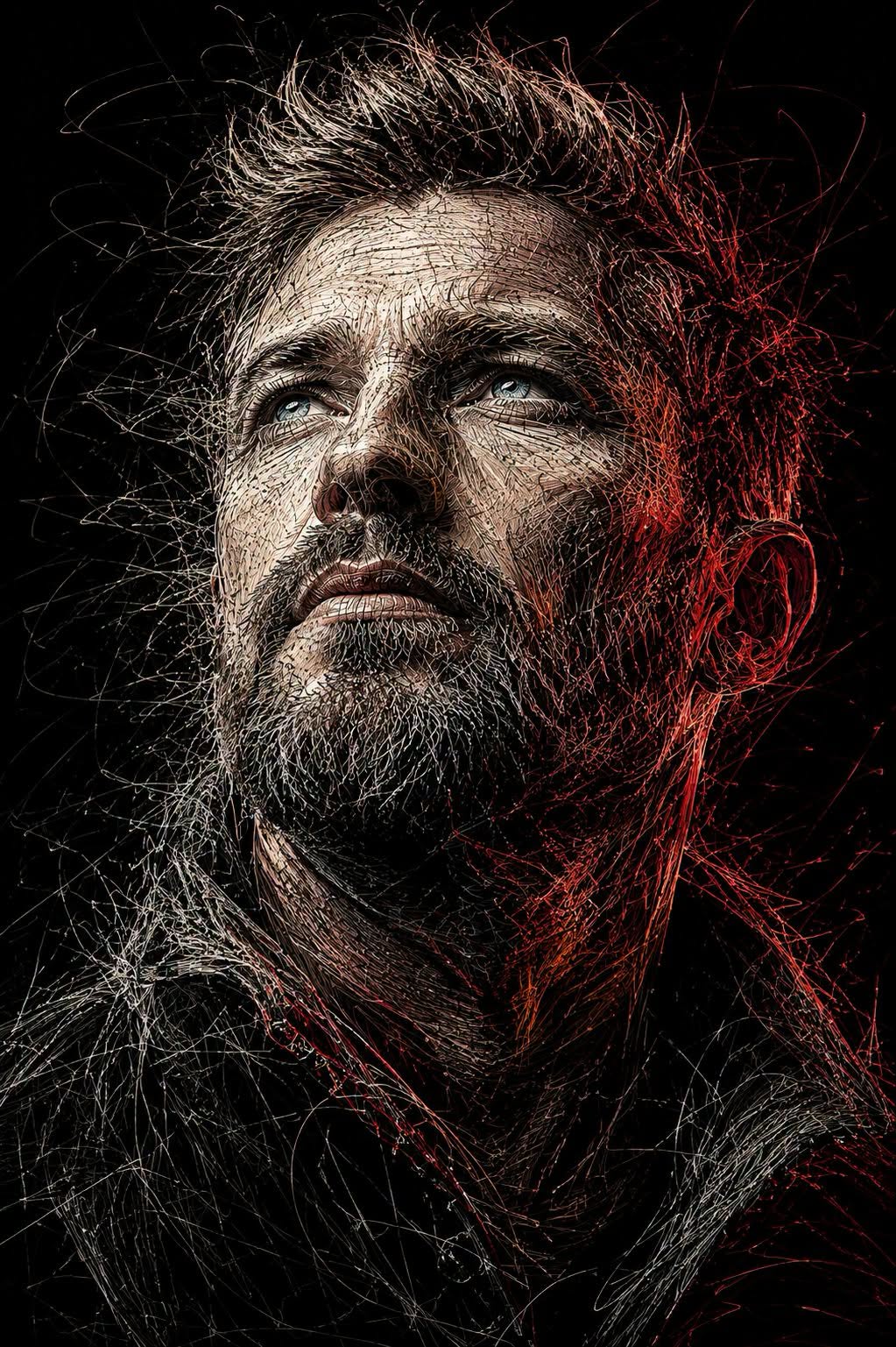 Ultra-detailed cinematic fine-art portrait of a rugged mature man emerging from  — DALL-E AI Image Prompt
