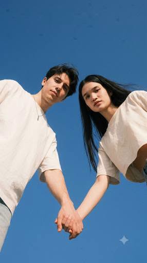 Create image: A young Asian couple [attached references] in their twenties, both — DALL-E AI Image Prompt