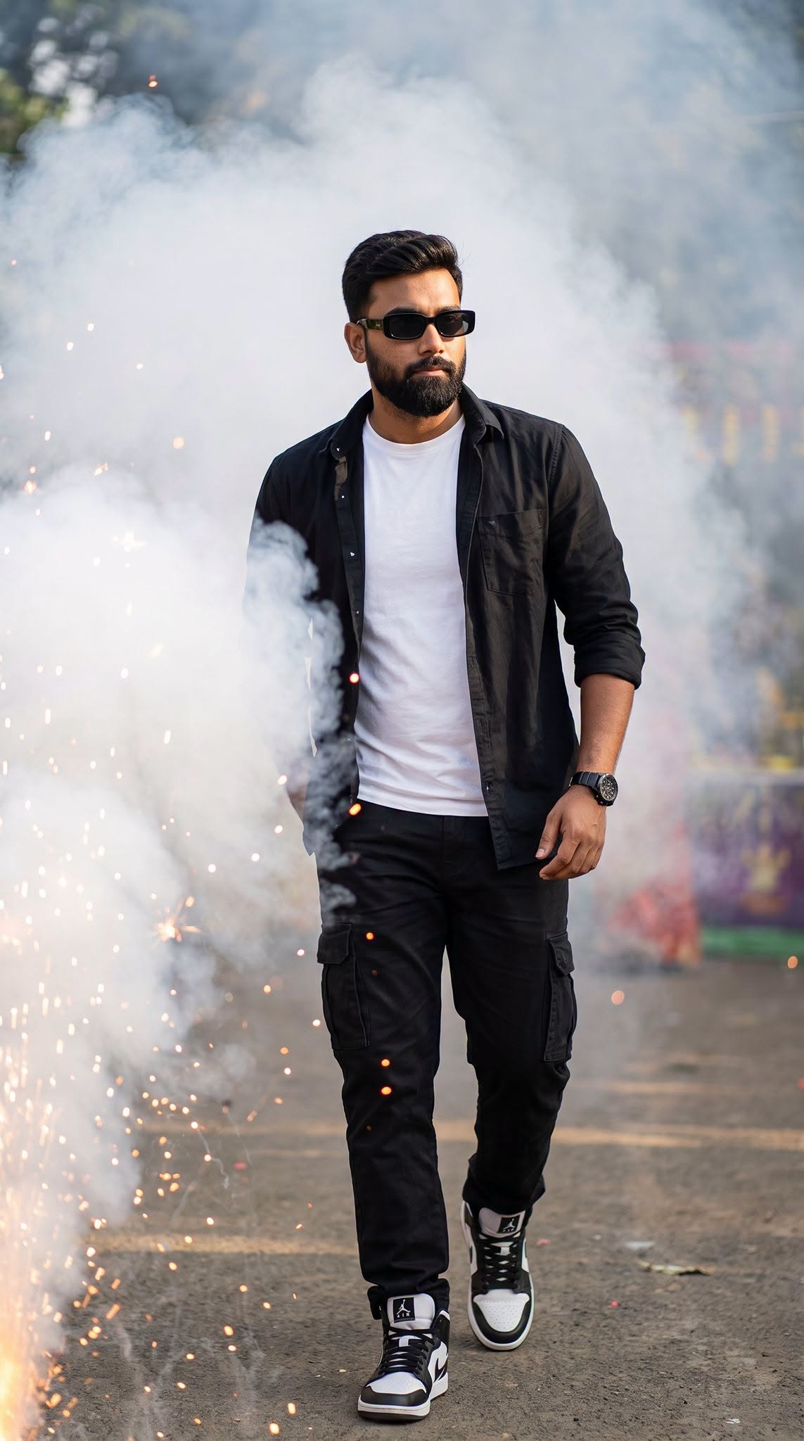 Realistic DSLR photo of a stylish young man (same face as reference) walking out — DALL-E AI Image Prompt