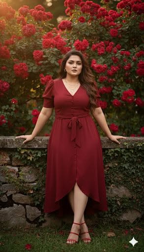 A full-body shot of a curvy woman with long, wavy brunette hair posing against a — Google Gemini AI Prompt